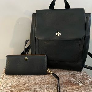 Tory Burch.  Beautiful, excellent condition, like new black backpack and wallet.